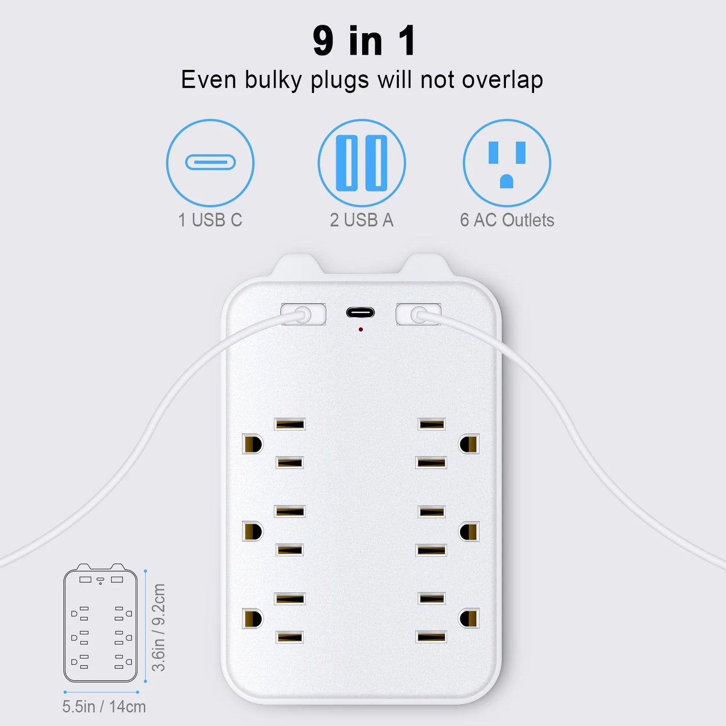 6 Outlet Extender Surge Protector, Multi Outlet Extender Wall Adapter with 2 USB, 1 USB-C Fast Charging Ports, 6 AC Outlets, 1200J Surge Protection, ETL Certified