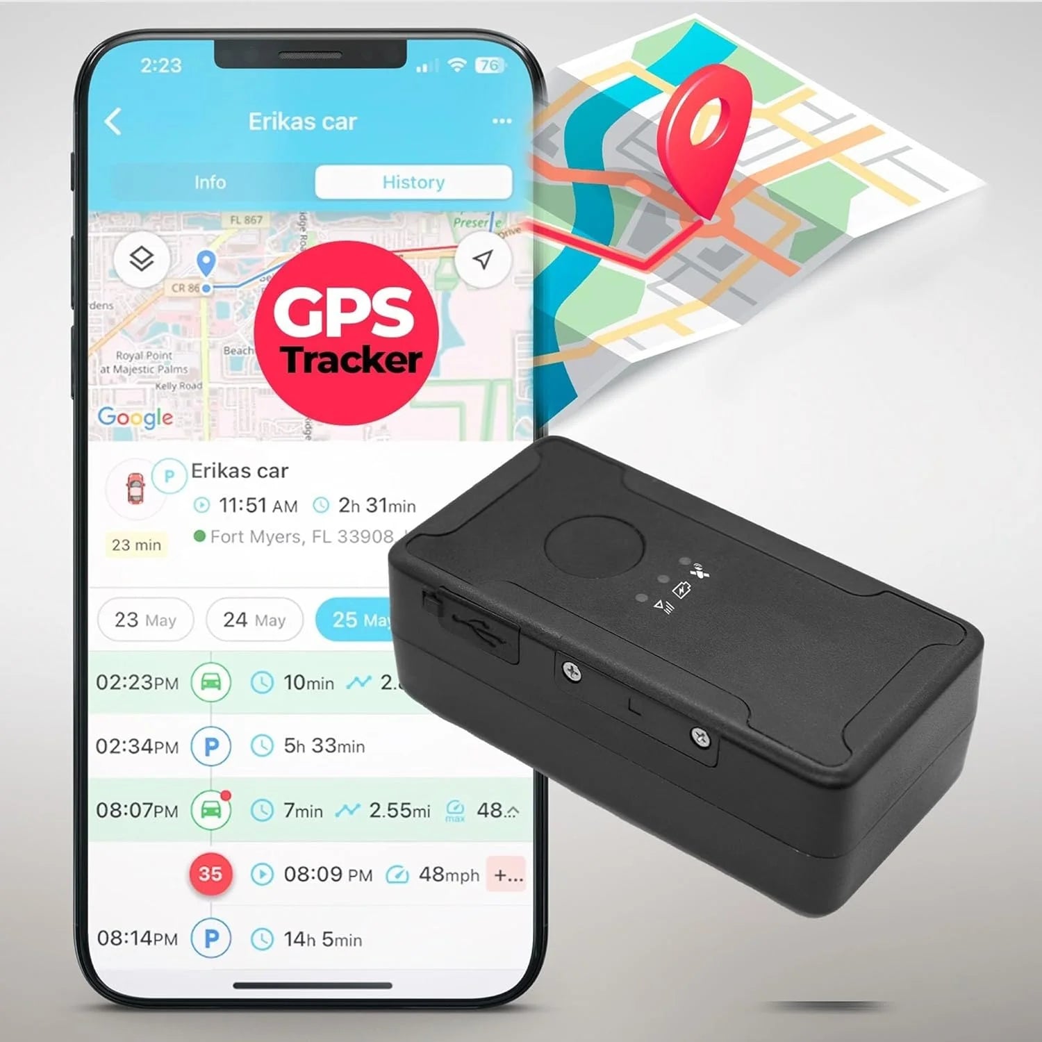 Small GPS Tracker for Vehicles, Love Ones, 4 Week Battery Life, Splash-Proof, Hidden GPS Trackers for Kids, Seniors, Spouses and Luggage