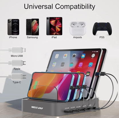 Charging Station for Multiple Devices,  5 Port Multi USB Charger Station with Power Switch Designed for Iphone Ipad Cell Phone Tablets (Gray, 7 Mixed Short Cables Included)