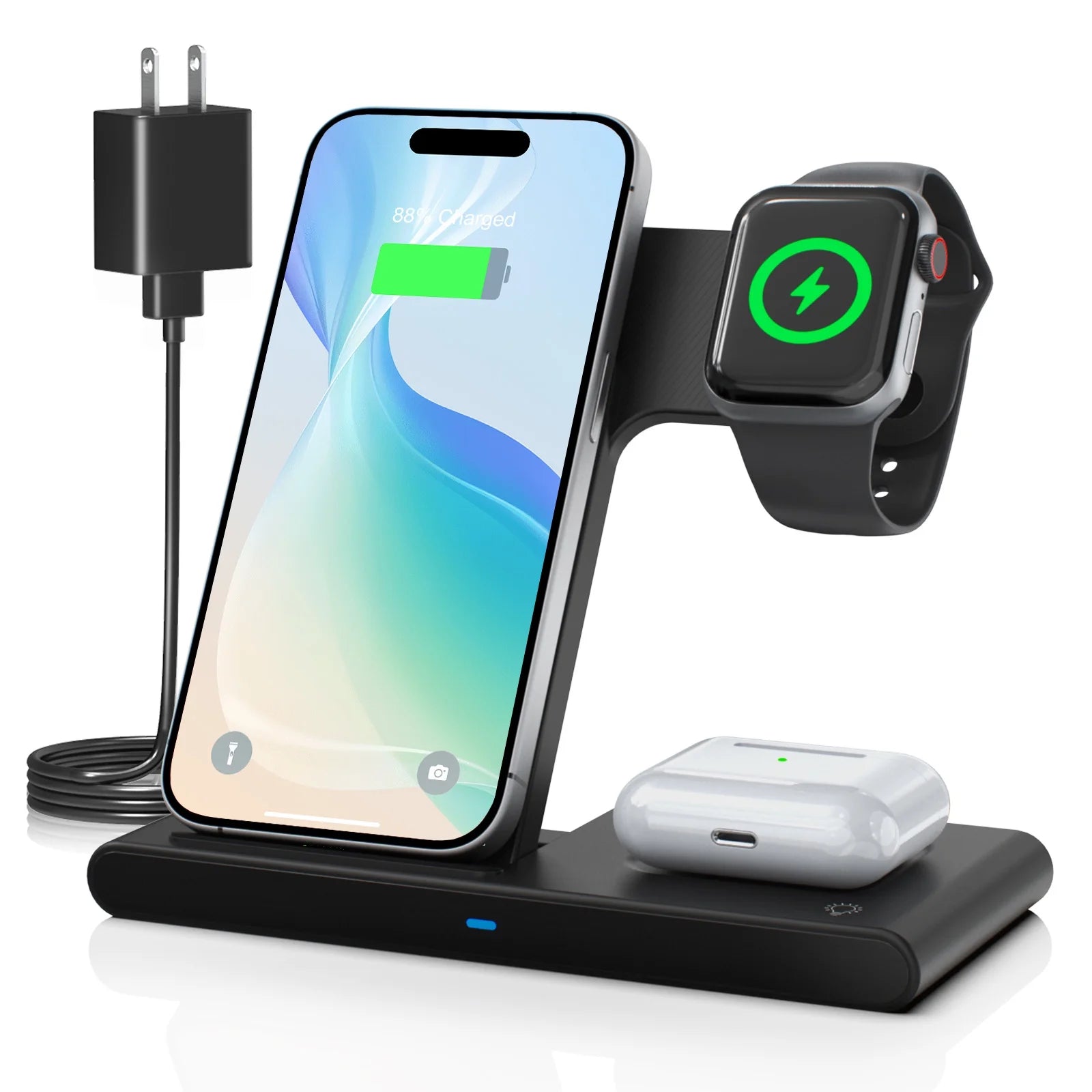 Wireless Charger, 15W QC 3.0 Magnetic Fast Charging Stand for Iphone 15 14 13 12 11 Pro Max/Plus/Xs/Xr/X/8, for Apple Watch 9/8/7/6/5/4/3/2/SE, for Airpods 3/2/Pro, 3 in 1 Wireless Charging Station